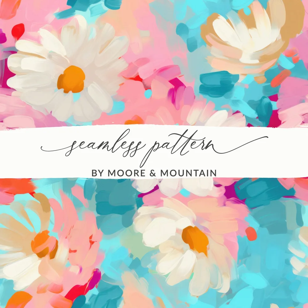 Abstract Brush Strokes with Blue and Pink Floral Acrylic