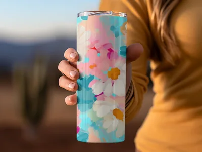 Abstract Brush Strokes with Blue and Pink Floral Acrylic