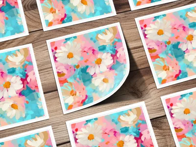 Abstract Brush Strokes with Blue and Pink Floral Acrylic