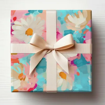 Abstract Brush Strokes with Blue and Pink Floral Acrylic