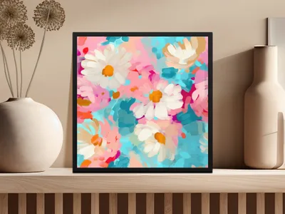 Abstract Brush Strokes with Blue and Pink Floral Acrylic