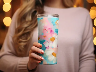 Abstract Brush Strokes with Blue and Pink Floral Acrylic