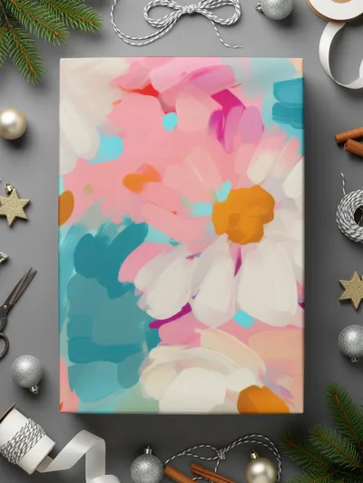 Abstract Brush Strokes with Blue and Pink Floral Acrylic