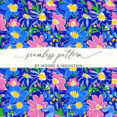Abstract Floral Digital Paper, Preppy Pink Blue Flowers Seamless Pattern, Vibrant Summer Art Print, Bold Botanical Design Digital