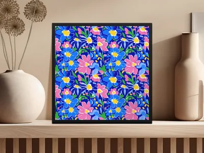Abstract Floral Digital Paper, Preppy Pink Blue Flowers Seamless Pattern, Vibrant Summer Art Print, Bold Botanical Design Digital