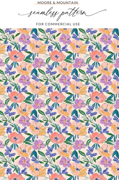 Abstract Floral Seamless Pattern Digital Paper, Painterly Flowers Fabric Design, Vibrant Botanical Scrapbook Background Digital