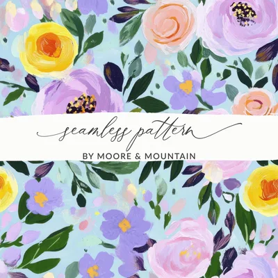Abstract Floral Seamless Pattern, Light Blue Background Digital Paper, Modern Gouache Painted Flower Digital, Roses Digital Paper