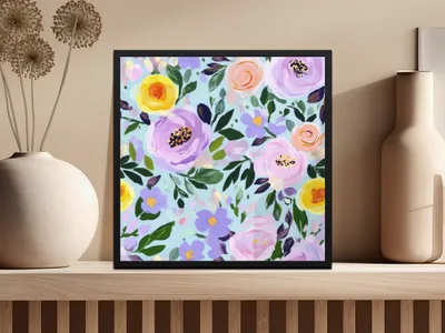Abstract Floral Seamless Pattern, Light Blue Background Digital Paper, Modern Gouache Painted Flower Digital, Roses Digital Paper