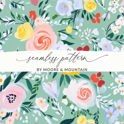 Abstract Floral Seamless Pattern, Spring Ditsy Digital Paper, Acrylic Painted, Fine Art Floral, Green and Pink, Modern Gouache