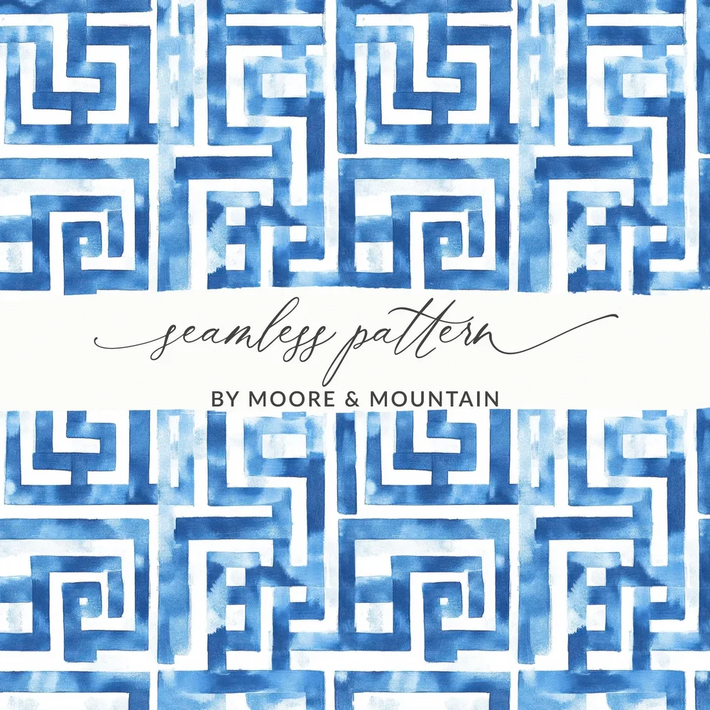 Abstract Indigo Watercolor Greek Key Seamless Pattern Design Digital
