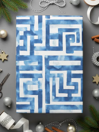 Abstract Indigo Watercolor Greek Key Seamless Pattern Design Digital