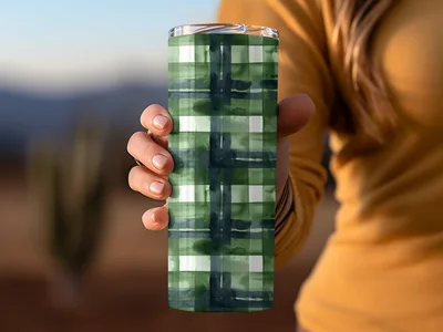 Abstract Water Color Plaid Pattern in Green Shades Digital