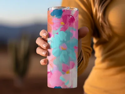 Acrylic Painted Bright Pink and Light Blue Floral