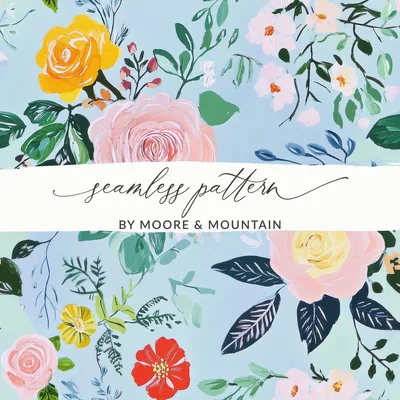 Acrylic Seamless Pattern, Modern Gouache Painted Floral, Blue Floral Digital Paper, Fine Art Floral Print, Fabric Design