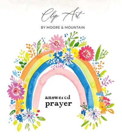 Answered Prayer Rainbow Digital Art, Floral Watercolor Clipart, Vibrant Preppy PNG, Christian Sublimation Design, Groovy Boho Planner