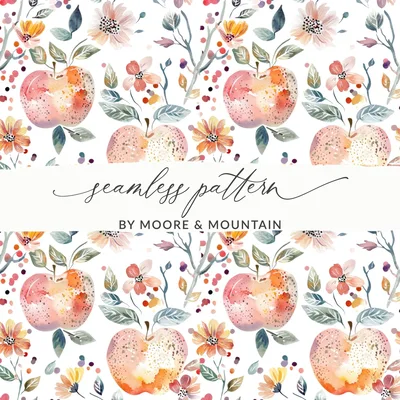 Apple Floral Digital Paper, Watercolor Seamless Pattern, Fruit Garden Print, Rustic Texture, Printable Art, Digital Download, for Fabric