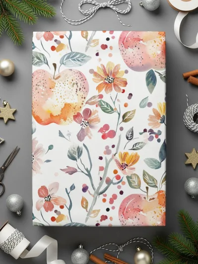 Apple Floral Digital Paper, Watercolor Seamless Pattern, Fruit Garden Print, Rustic Texture, Printable Art, Digital Download, for Fabric