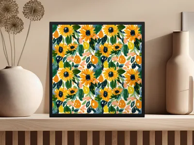 Autumn Sunflowers Seamless Yellow and Green Design Digital