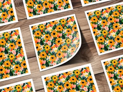 Autumn Sunflowers Seamless Yellow Pastel Gouache Sunflowers