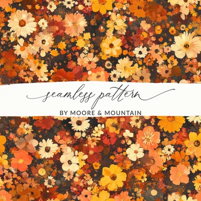 Autumnal Daisy Digital Seamless Pattern, Fall Flower Print, Warm Toned Floral Design, Harvest Colors, Digital Paper
