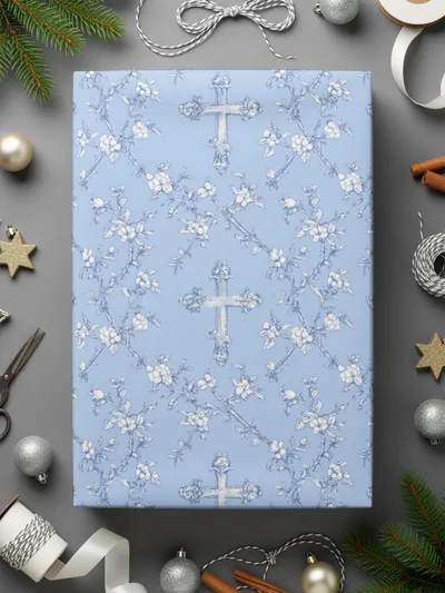 Baby Boy Christian Background With Crosses for Boys, Blue Floral Cross Seamless Pattern Texture Download Includes