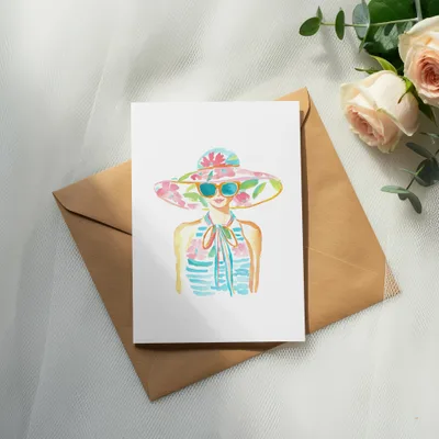 Beach Woman PNG with Floral Hat Sunglasses Digital Art Print | Coastal Beach Woman SVG