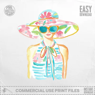 Beach Woman PNG with Floral Hat Sunglasses Digital Art Print | Coastal Beach Woman SVG
