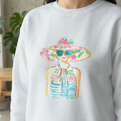 Beach Woman PNG with Floral Hat Sunglasses Digital Art Print | Coastal Beach Woman SVG