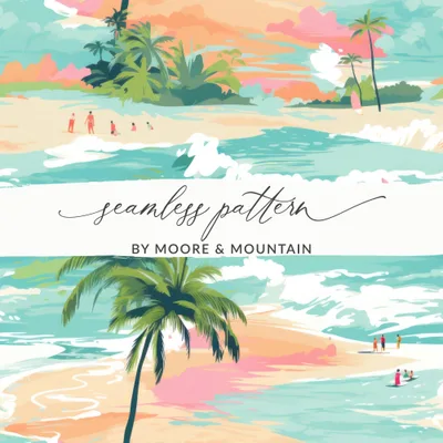 Beachy Seamless Pattern, Digital Tropical Summer Illustration, Summer Vibes Graphic, Beach, Palm Trees, Surfing, Digital Paper, Fabric Design