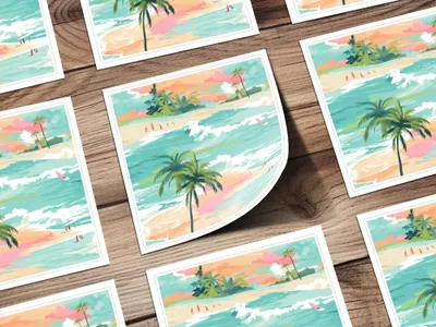 Beachy Seamless Pattern, Digital Tropical Summer Illustration, Summer Vibes Graphic, Beach, Palm Trees, Surfing, Digital Paper, Fabric Design