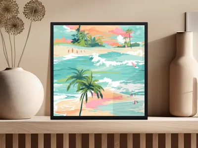 Beachy Seamless Pattern, Digital Tropical Summer Illustration, Summer Vibes Graphic, Beach, Palm Trees, Surfing, Digital Paper, Fabric Design