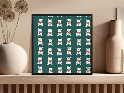 Bear Digital Pattern, Seamless Pattern, Cute Animal Print, Repeating Polar Bear Design, Forest Green Background, Bear with Red Bow