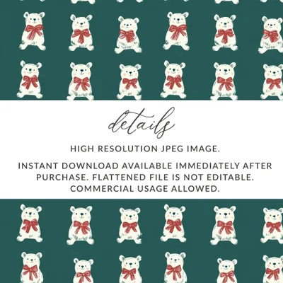 Bear Digital Pattern, Seamless Pattern, Cute Animal Print, Repeating Polar Bear Design, Forest Green Background, Bear with Red Bow
