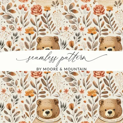 Bear Floral Pattern, Seamless Digital Paper, Fall Digital Download, JPEG Files, Watercolor Style, Cute Bear Print, Repeat Pattern, 12x12