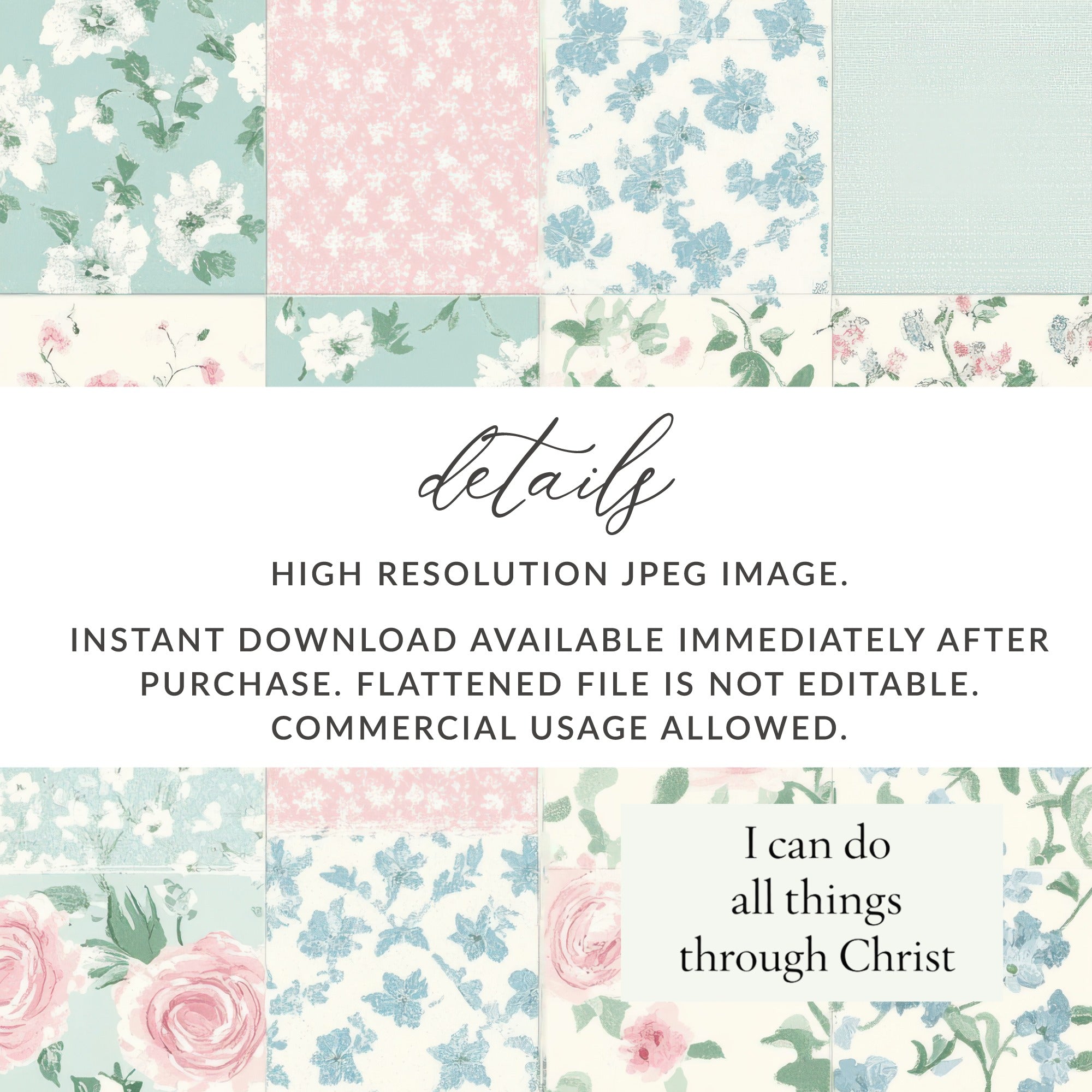Bible Verse Seamless Patchwork, Floral Digital Paper, Christian Print, Scrapbooking Paper, Quilting Fabric, Sublimation Design, Digital