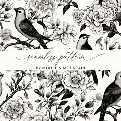 Black and White Bird Toile Seamless Pattern Modern Chinoiserie