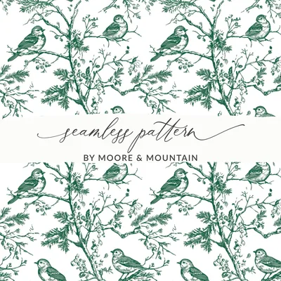 Bird Branch Seamless Pattern, Green on White, Digital Paper, Fabric Design, Scrapbooking, Printable, Floral Pattern, Nature Inspired Art