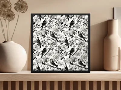 Black and White Bird Toile Seamless Pattern Modern Chinoiserie