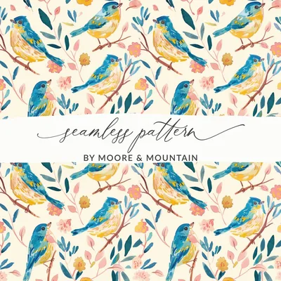 Bird Floral Seamless Digital Pattern, Watercolor Bird Illustration, Blue Yellow Bird Design, Repeating Pattern Fabric, Digital Files