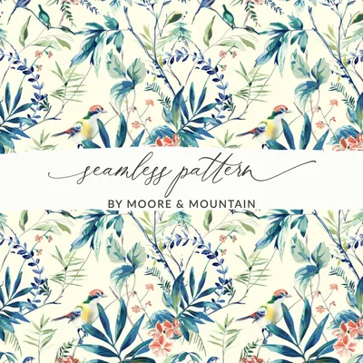 Bird Floral Seamless Pattern Digital Download, Botanical Print, Tropical Flower Design, Fabric Design, Background Texture
