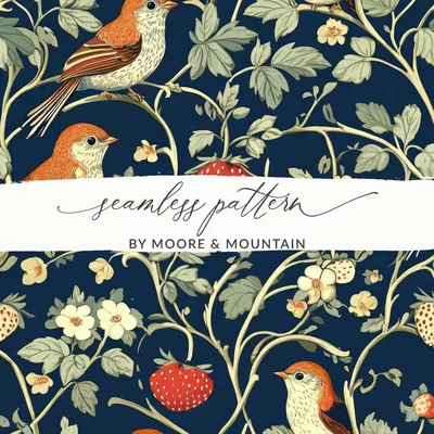 Bird Strawberry Digital Pattern, Seamless Tileable Design, Vintage Inspired Paper, Fabric Print, Floral, JPEG Files