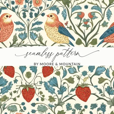 Bird Strawberry Floral Digital Seamless Pattern, Cottagecore Print, JPEG Fabric Design, Scrapbook Paper, Digital Download, Two Scales