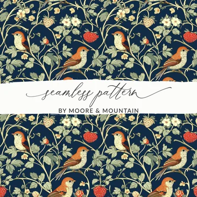 Bird Strawberry Pattern, Seamless Floral Digital Paper Pack, Vintage Botanical Repeat Pattern, Printable Fabric, Scrapbook Paper, DIY Crafts