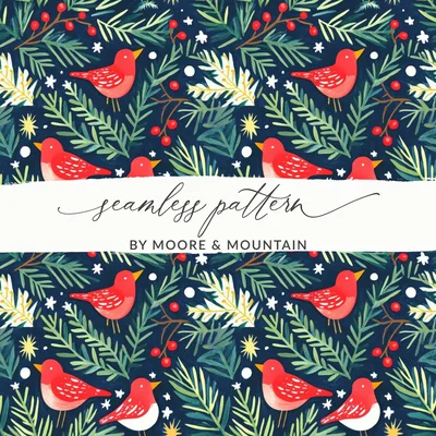 Birds Evergreen Branches With Berries Christmas Night Digital Pattern