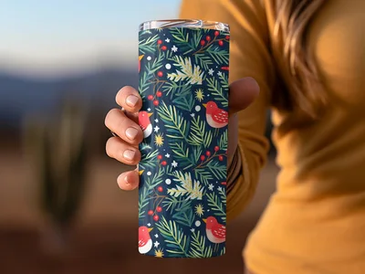 Birds Evergreen Branches With Berries Christmas Night Digital Pattern