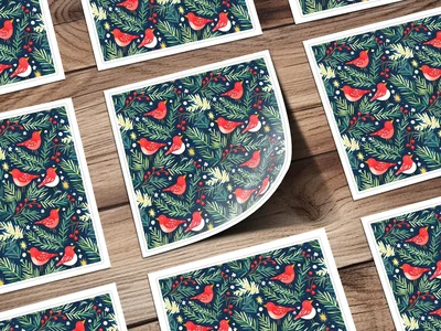 Birds Evergreen Branches With Berries Christmas Night Digital Pattern