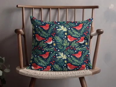 Birds Evergreen Branches With Berries Christmas Night Digital Pattern