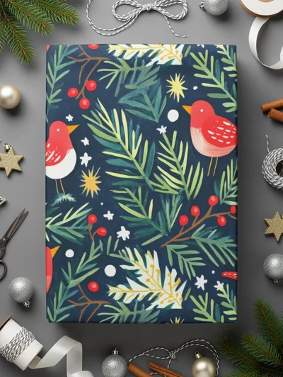Birds Evergreen Branches With Berries Christmas Night Digital Pattern