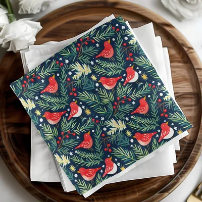 Birds Evergreen Branches With Berries Christmas Night Digital Pattern