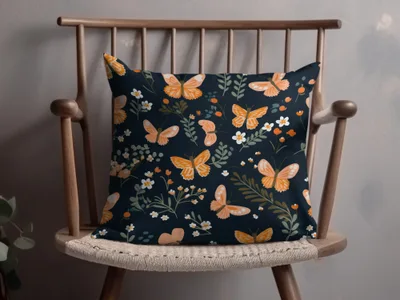 Black and Orange Spring Butterflies And Floral Pattern Dark Background Digital